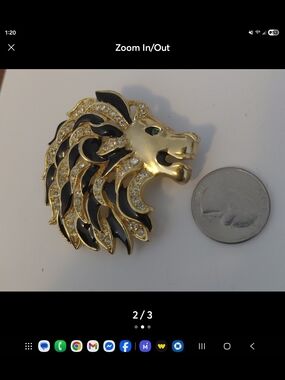 vintage Gold Lion Head Brooch with Black Enamel and Clear Crystals